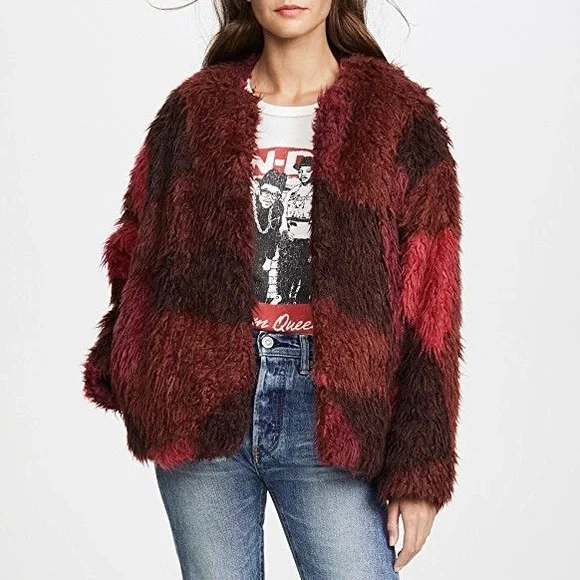 NEW IRO Sechura Patchwork-Effect Faux Fur Jacket *Mixed Red* Sz FR 44 / US 12 - Picture 1 of 16